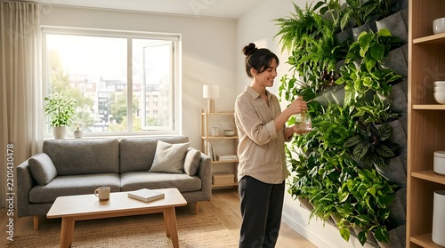 Young woman watering lush vertical garden living wall inside bright apartment