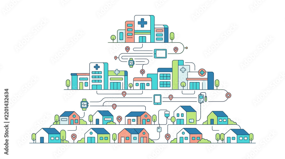 Obraz premium Smart City Healthcare Network with Connected Houses and Hospitals