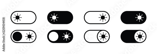 Set of toggle switches with sun icons for light and dark mode settings, vector UI design elements for mobile apps and websites