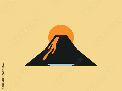 Stylized illustration of a mountain with a setting sun in the background