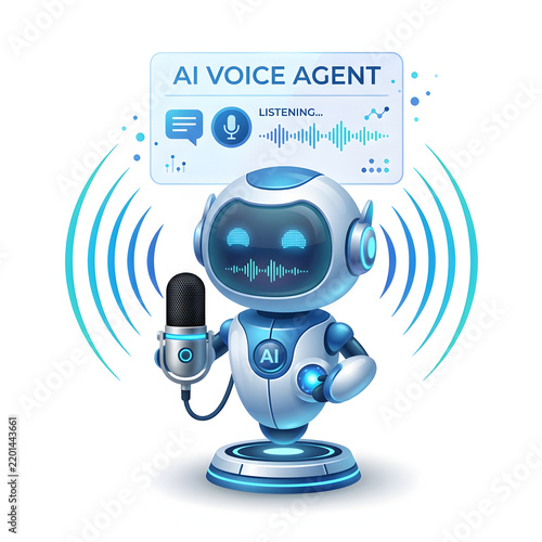 Robot with wireless signals and technology icons around