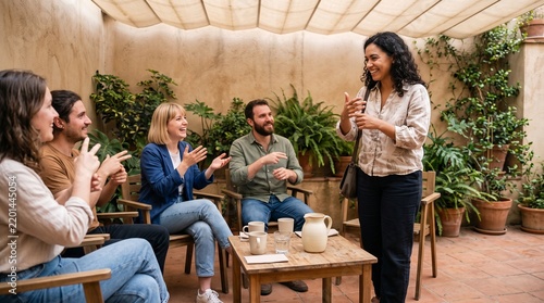 Deaf friends welcome a newcomer with conversation