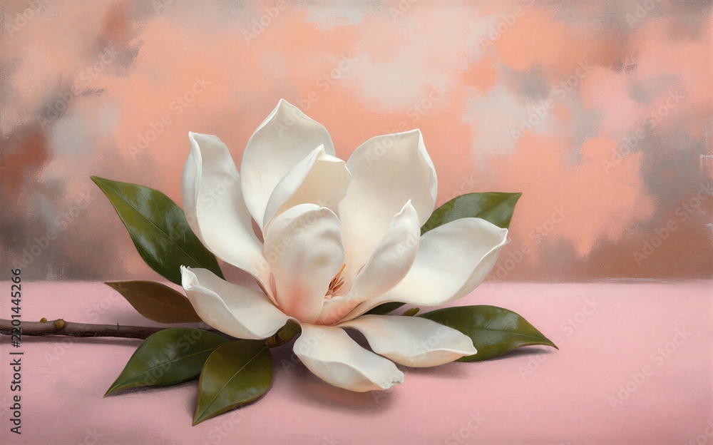 Obraz premium White magnolia blooms softly against warm, hazy pink backdrop with bare tree silhouette.