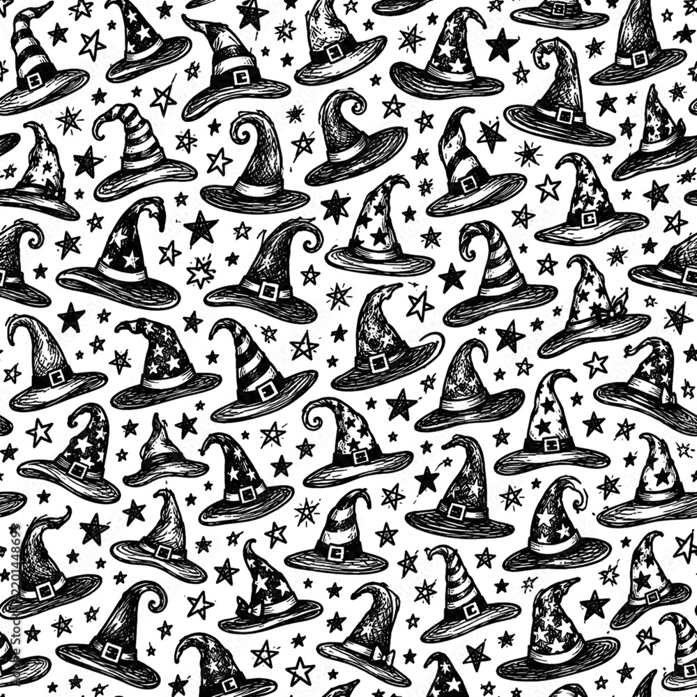 Fototapeta premium Halloween witch hat seamless pattern, hand drawn black ink sketch on white background, spooky wizard hats and stars texture for wrapping paper