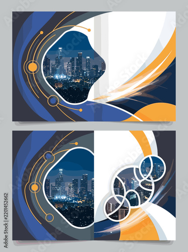 Modern brochure template with city skyline and abstract shapes