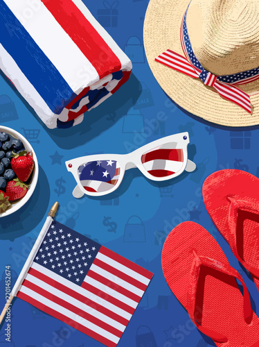 Fourth of July Independence Day summer vacation flat lay vector