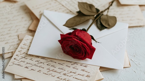 Red rose resting on white envelope atop handwritten letters on textured surface