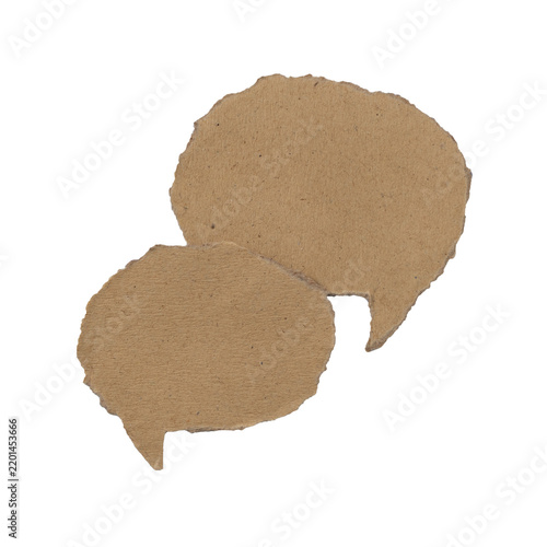 Ripped cardboard speech bubbles dialogue.