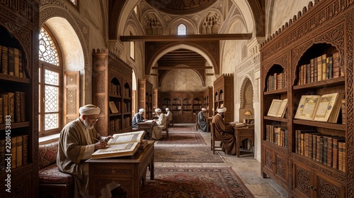 Islamic scholars studying in ancient library