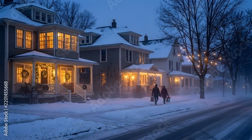 Houses Illuminated at Dusk in a Snowy Landscape, Showcasing a Serene Winter Scene with People Walking Along a Snow-Covered Street. Tranquil Evening