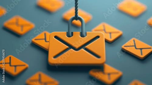 Illustration depicting a fishing hook cleverly integrated into an email icon. The risks and dangers of phishing scams to raise awareness and vigilance against fraudulent online threats and cybercrime.