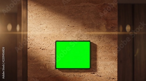 smart home technology, a sleek control panel seamlessly integrated into a textured travertine wall