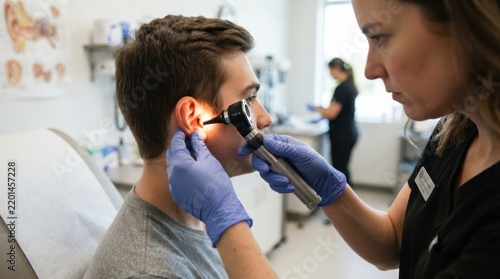 female doctor using an otoscope to examine a young male patient ear inside a medical clinic facility