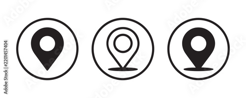 Black and white map pin location icons in circles for navigation and web interface elements.