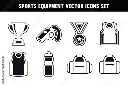 Sports Equipment Vector Icons Set, Trophy, Whistle, Medal, Jersey, Bottle and Bag