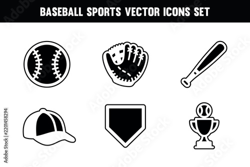 Baseball Sports Vector Icons Set, Ball, Glove, Bat, Cap, Home Plate and Trophy
