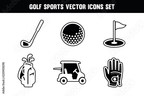 Golf Sports Vector Icons Set, Club, Ball, Flag, Golf Bag, Cart and Glove