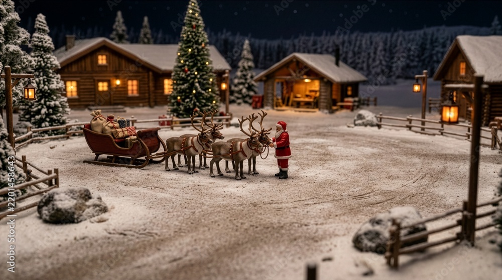 Obraz premium 雪のクリスマス村でトナカイとそりを準備するサンタクロース