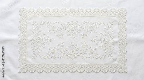 White rectangular lace doily with floral embroidery on white background