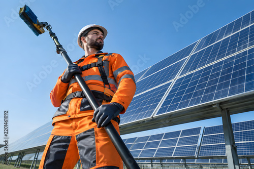 Solar cleaning technician photographed with strong vertical perspective.