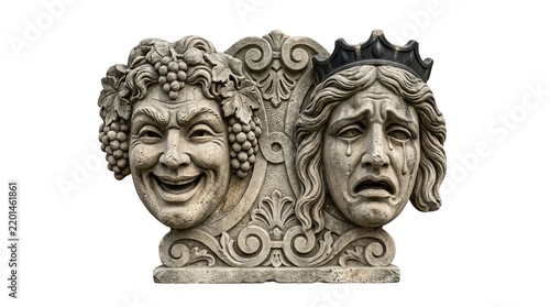 Classical comedy and tragedy theater masks stone sculpture isolated on white