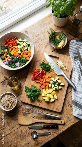 Fresh vegetables and herbs on wooden cutting board