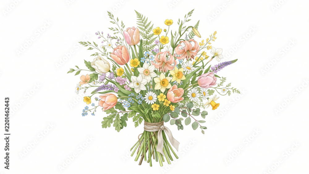 Obraz premium Delicate digital botanical illustration of a charming wildflower bouquet featuring pastel tulips wild daisies and grassy stems tied with a soft ribbon on a white background.