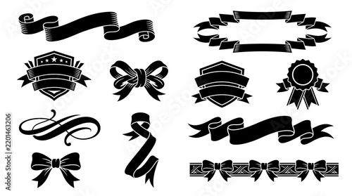 Vintage Black and White Decorative Ribbons and Banners Set
