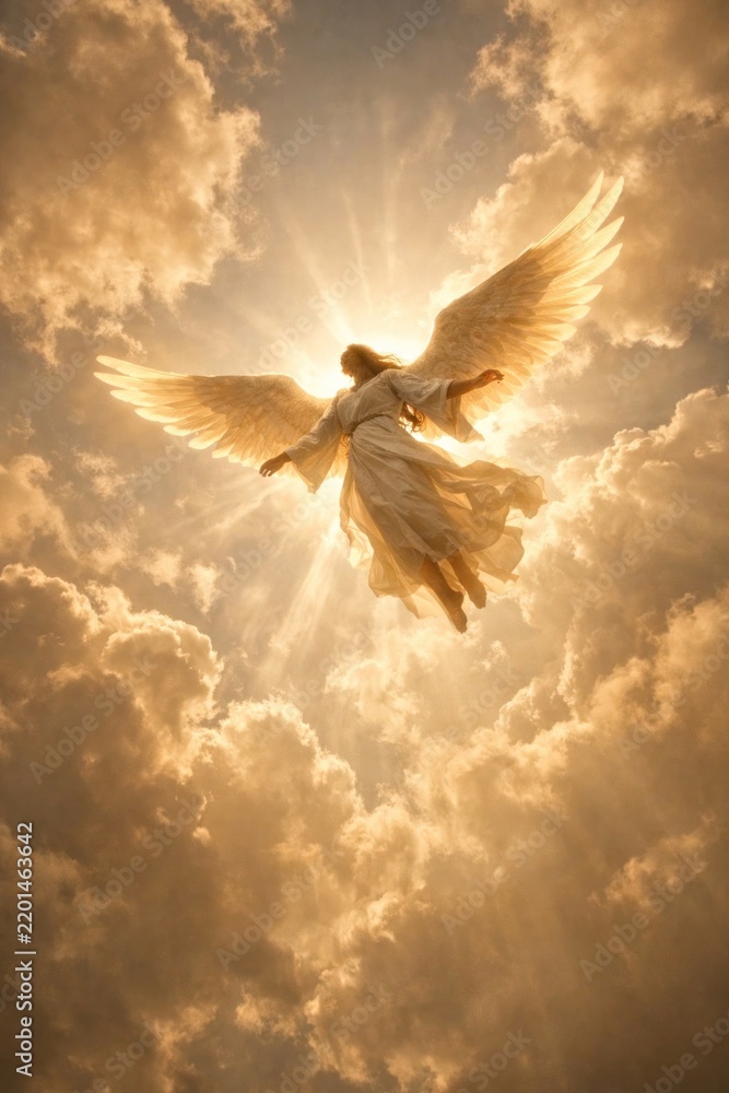 Fototapeta premium Heavenly angel amidst glowing clouds.