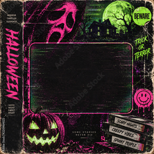 Halloween party flyer with a glowing pumpkin and spooky haunted mansion in a dark retro grunge theme