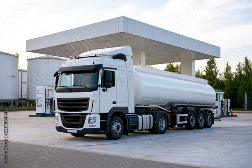 Fuel tanker truck parked at a fueling station during daylight hours