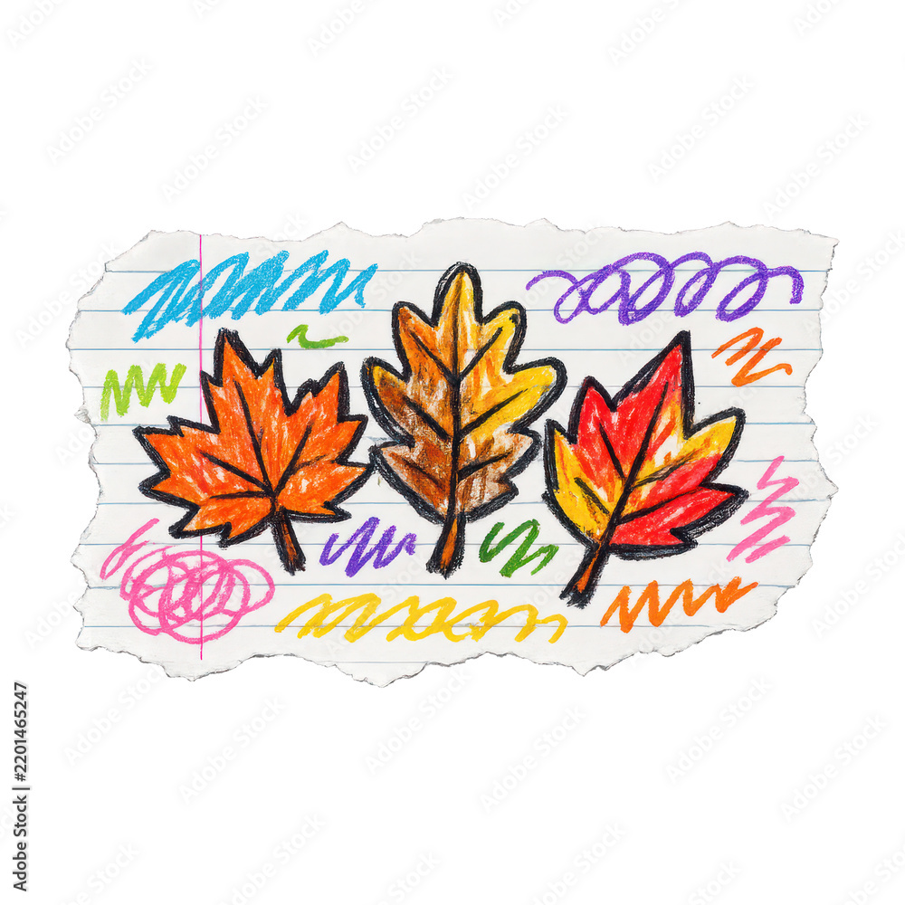 Obraz premium PNG Colorful autumn leaves doodle illustration.
