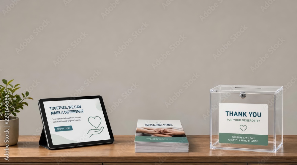 Obraz premium Charity donation counter with tablet and collection box