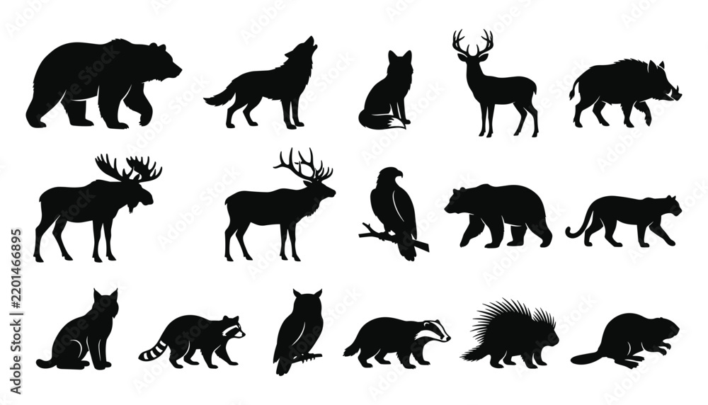 Obraz premium Animal Silhouettes Set, Wildlife Icons Collection, Vector Illustration Design Featuring Forest, Creatures