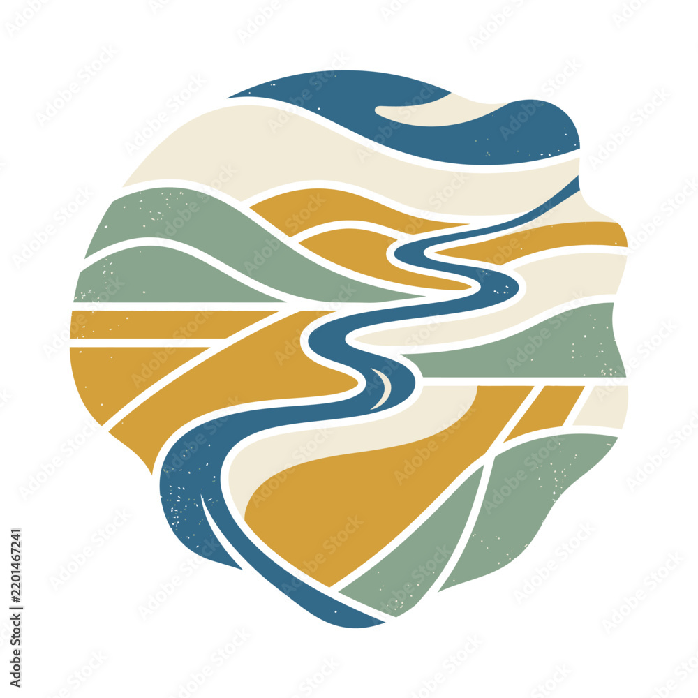 Fototapeta premium Abstract Landscape Illustration: Winding River Through Rolling Hills, Fields