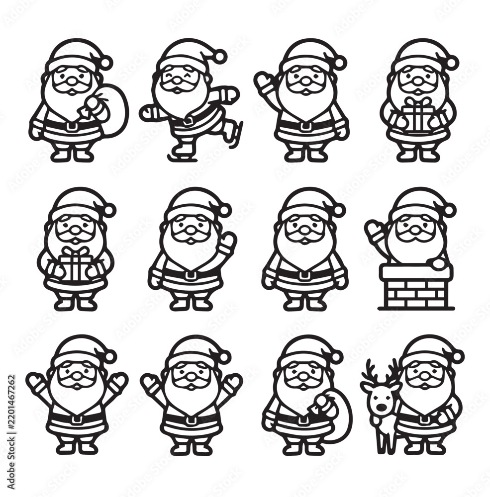 Obraz premium Charming Santa Claus characters with festive activities in a clean graphic style for holiday promotions