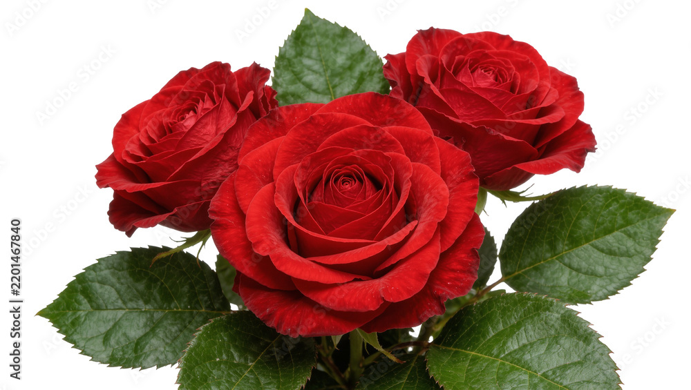 Fototapeta premium Three lush red roses with green leaves, isolated on transparent background