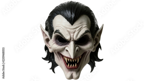 Scary vampire mask with sharp teeth and pointed ears, isolated on transparent background
