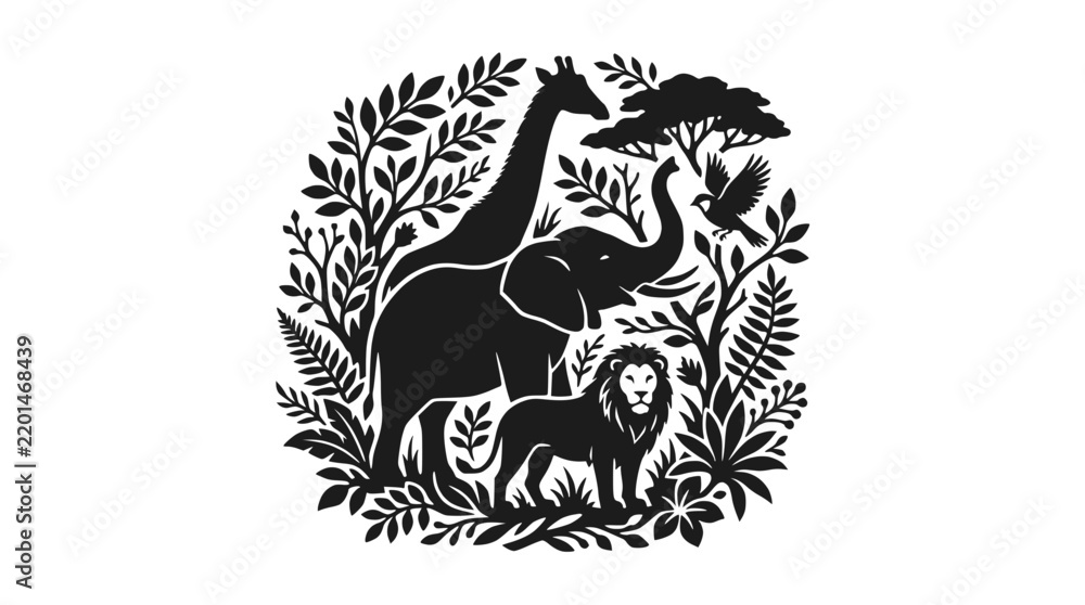 Obraz premium African Wildlife Silhouette Circle Icon: Elephant, Lion, Giraffe, Tree, Birds