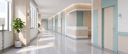 Clean and bright hospital corridors and clinic entrances