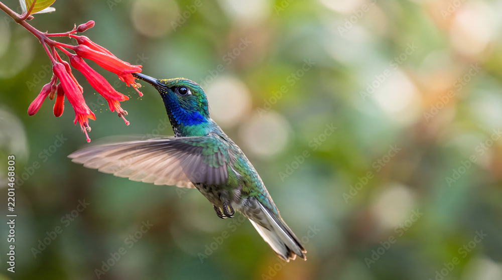 Fototapeta premium Hummingbird hovering in front of a red flower collecting honey