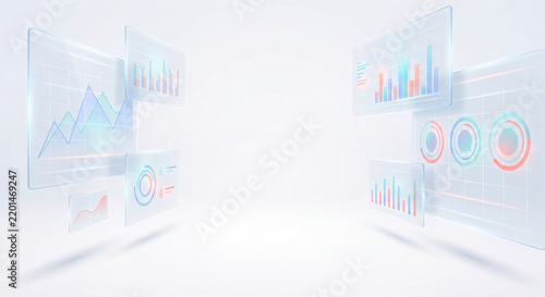 Floating holographic data panel and charts on light background