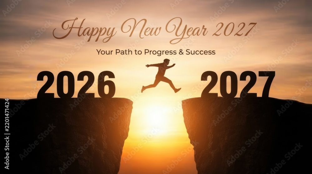 Fototapeta premium Silhouette of a man Happy New Year 2026 To 2027 standing on a tranquil beach at sunset next to a vintage chalkboard with business success message