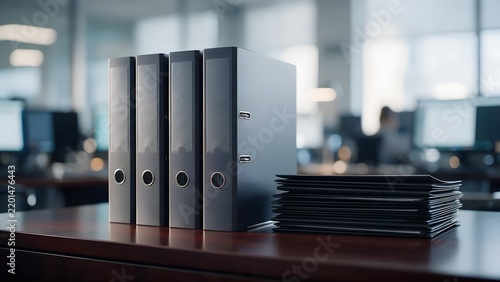 Black office ring binders standing neatly in a row beside a stack of documents on a polished wooden desk inside a modern corporate workspace setting