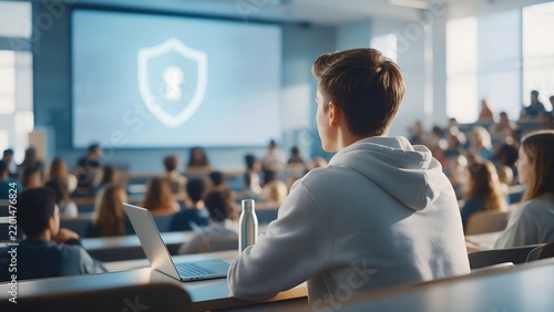 Student wearing casual gray hoodie watches cybersecurity lecture presentation on large screen inside crowded university auditorium while typing notes on his silver portable laptop computer