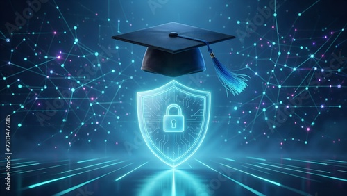 Graduation cap floating above a glowing digital security shield featuring a padlock icon and intricate circuitry against an abstract network background with vibrant blue lights