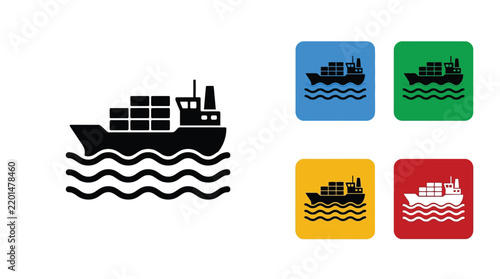 Cargo ship container icons set featuring colorful squares for global shipping and logistics business web design