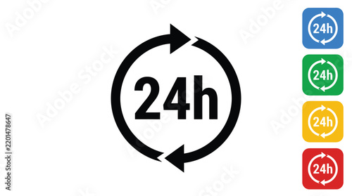 Twenty four hour service circular arrow icon featuring bold black typography on a clean white background