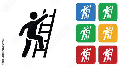 Person climbing wooden ladder represented as simple black and white vector icons on square backgrounds