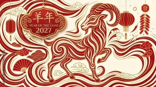 2027年中国の旧正月向けシームレス花柄パターン（ピンクのハート入り）―未年（ひつじどし）の抽象的な愛をテーマにした背景デザイン（テキスタイル、壁紙、装飾用）